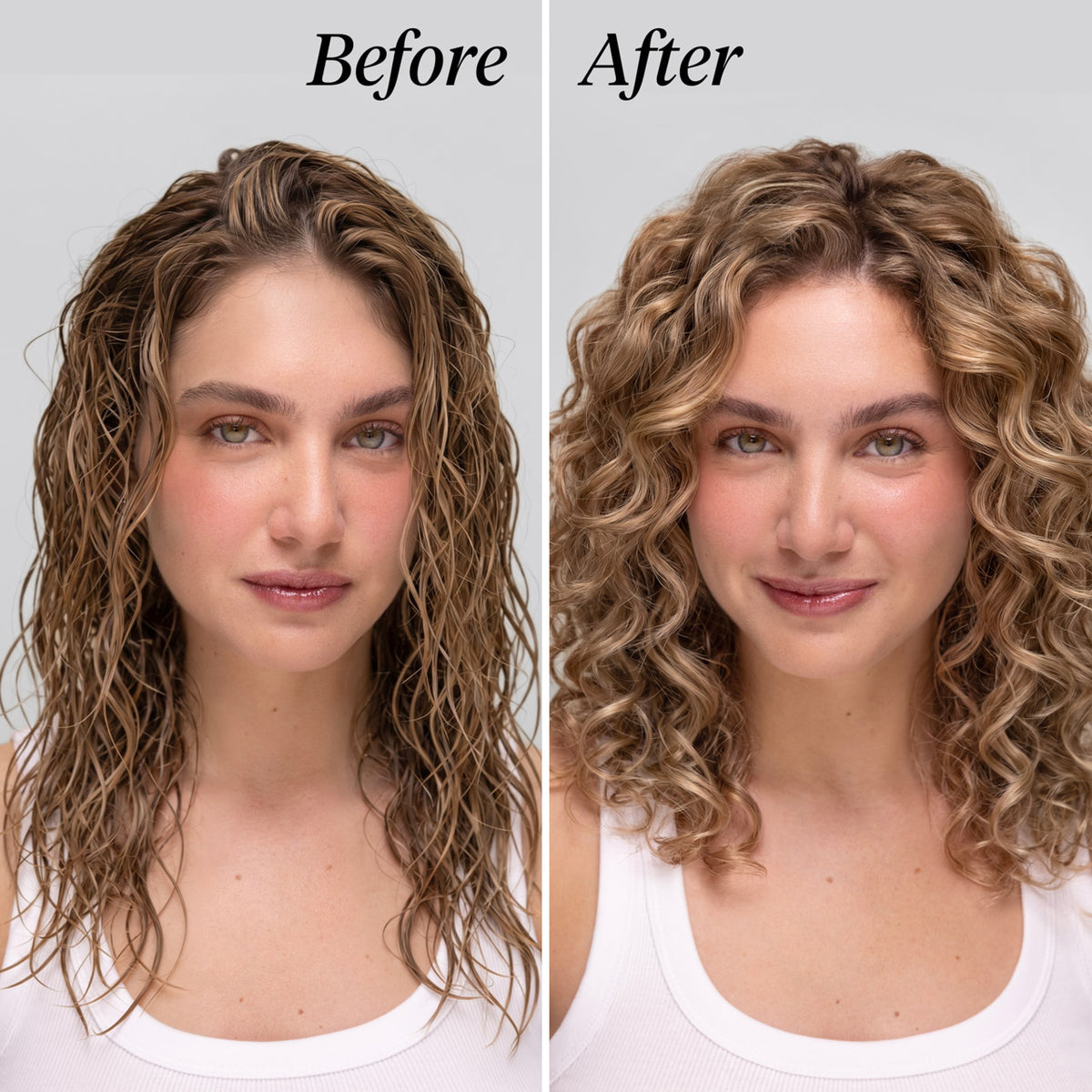 Before and after using KITSCH Moisturizing Curl Cream: wet, undefined waves become soft, defined, bouncy curls