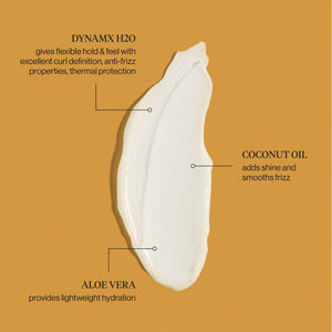 KITSCH Moisturizing Curl Cream swatch with ingredient callouts: DynamX H2O for flexible hold, curl definition, anti-frizz and thermal protection; Coconut Oil adds shine and smooths frizz; Aloe Vera provides lightweight hydration