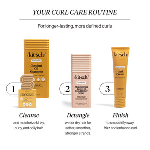Your curl care routine: 1 Cleanse with Kitsch Coconut Oil Shampoo, 2 Detangle with Moisturizing Leave-In Conditioner Spray, 3 Finish with Moisturizing Curl Cream
