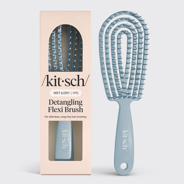KITSCH Haze Blue Detangling Flexi Brush — hero product shot on a soft neutral background — Bendable brush frame flexes and comfortably adapts to your head — for a comfortable, ergonomic fit