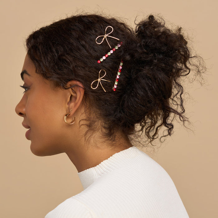 Red, Pink, & Green Gemstone and Bow Bobby Pins