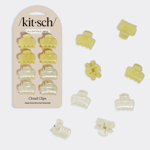 KITSCH Pearlized Cream & Butter Yellow Jelly Cloud Clips Mini — hero product shot with /kit·sch/ packaging — All-Day Hold | 8pcs — Cloud Clips, Made from Recycled Materials — pearlized cream & butter yellow mini claw clips scattered around card
