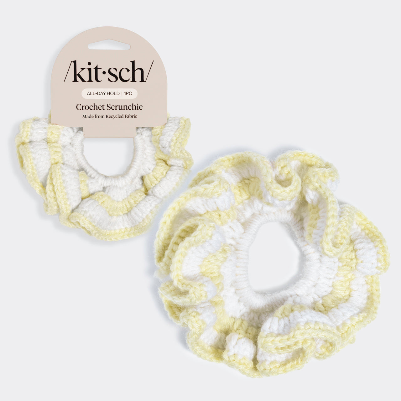 Kitsch Butter Yellow Crochet Scrunchie on branded card – soft recycled fabric, all-day hold hair tie