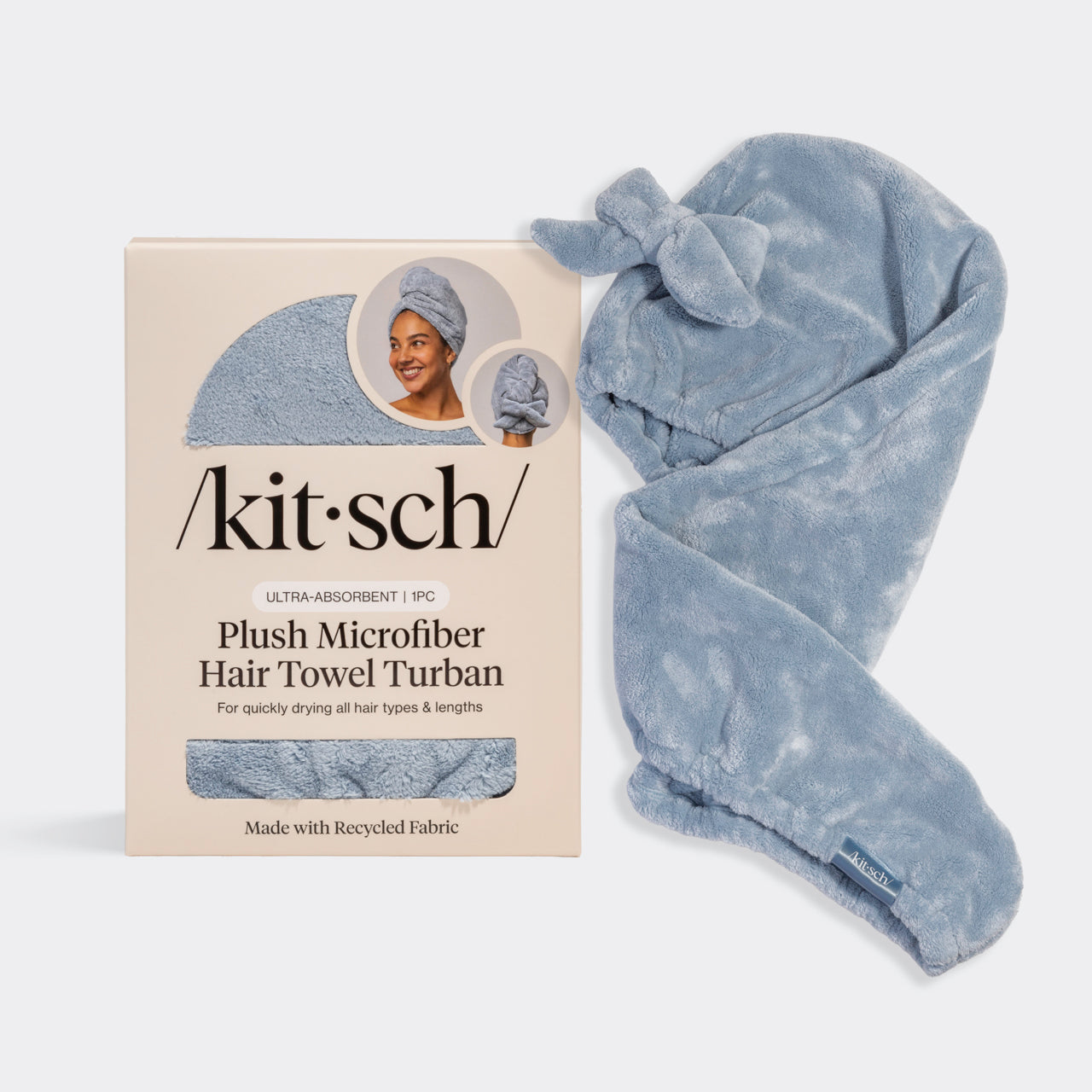 KITSCH Coastal Blue Plush Microfiber Hair Towel Turban with Bow — hero product shot with /kit·sch/ packaging — Ultra Absorbent, Made with Recycled Fabric — For quickly drying all hair types & lengths
