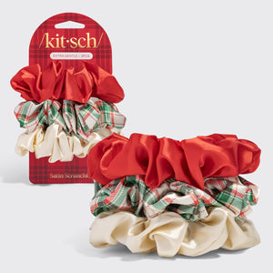 KITSCH Red & Gold Holiday Scrunchies 3pc Set — red, ivory and plaid scrunchies shown on the Kitsch packaging card — Holds hair comfortably without pulling — festive ponytails, buns, and braids