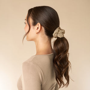 KITSCH Cream & Gold Metallic Mesh and Satin Scrunchies 2pc Set — on-model lifestyle shot