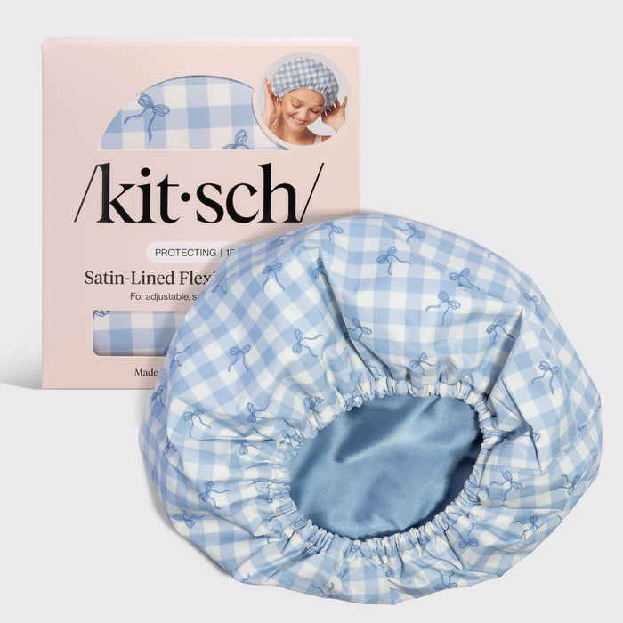 Kitsch Satin-Lined Flexi Shower Cap in Gingham Blue, front view of the waterproof shell in a blue gingham and bow print