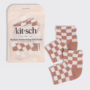 Kitsch Medium Moisturizing Heel Socks in Terracotta Checker with reusable pouch and one pair of socks.