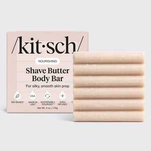 KITSCH Solid Shave Butter — packaging and bar hero shot — Provides a “clear,” mess-free shave that won’t clog your razor like traditional foams — great for all skin types