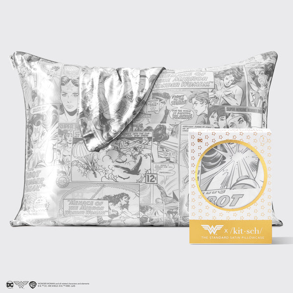 Kitsch x Wonder Woman Satin Pillowcase in Comic Print with packaging on a light gray background