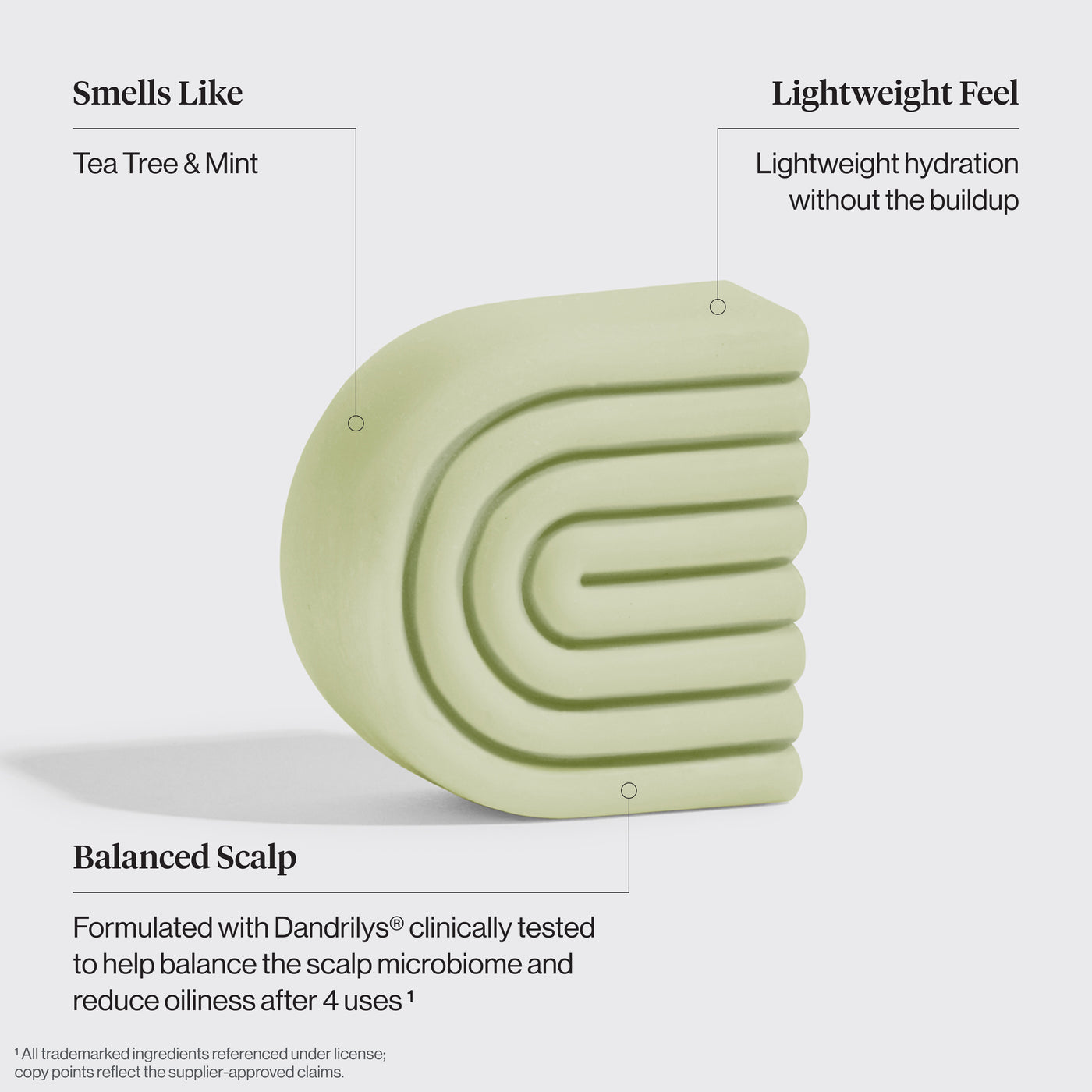 Key ingredients in Kitsch Tea Tree & Mint Clarifying Conditioner Bar: tea tree oil, mint, and Dandrilys to clarify scalp and reduce visible flakes