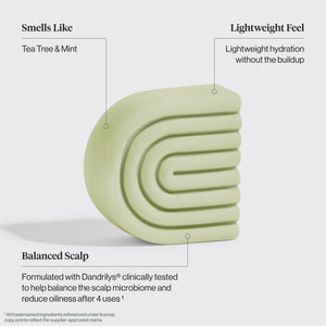 Key ingredients in Kitsch Tea Tree & Mint Clarifying Conditioner Bar: tea tree oil, mint, and Dandrilys to clarify scalp and reduce visible flakes