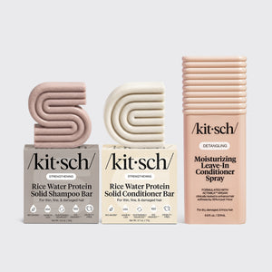 KITSCH Leave-In Conditioner & Rice Water Shampoo + Conditioner Bundle — hero flat lay — Rice Water Shampoo Bar + Conditioner Bar + Argan Milk Leave-In Conditioner — repair, hydrate, and soften
