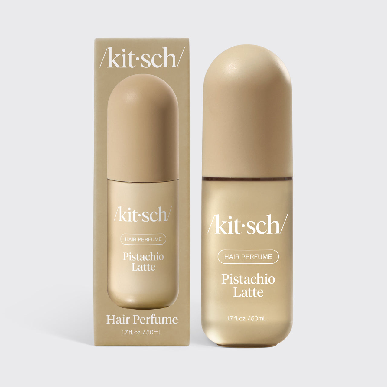 Kitsch Pistachio Latte Hair & Body Perfume Mist bottle on a warm neutral background