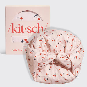 KITSCH Satin Lined Flexi Shower Cap — Cherry Print — product hero, open-back design with adjustable wire closure