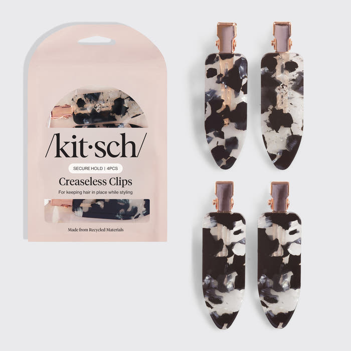 Kitsch Creaseless Hair Clips 4pc Set in tortoise print shown with packaging on a gray background.