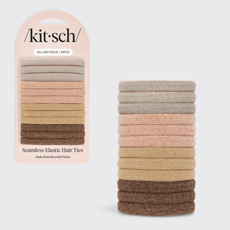 Kitsch Neutral Glitter Elastics 12pc Set shown in packaging alongside a stacked tower of elastics on a white background