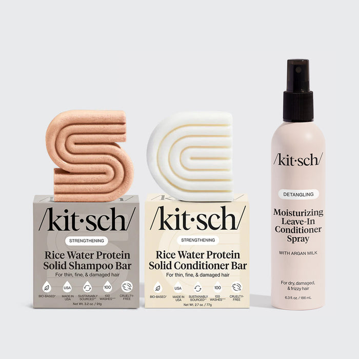 KITSCH Leave-In Conditioner & Rice Water Shampoo + Conditioner Bundle — hero flat lay — Rice Water Shampoo Bar + Conditioner Bar + Argan Milk Leave-In Conditioner — repair, hydrate, and soften
