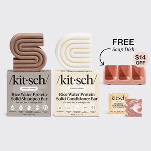 KITSCH Strengthening Rice Water Trio & Terracotta Soap Dish Bundle — hero bundle flat lay on light gray background — Rice Water Protein Solid Shampoo Bar + Solid Conditioner Bar + Shea Butter Body Wash Bar + FREE terracotta self-draining soap dish — $14 OFF — For thin, fine, & damaged hair