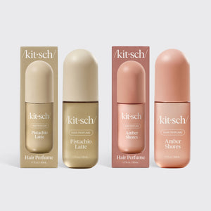 Kitsch Seaside Latte Duo – Pistachio Latte and Amber Shores hair perfumes paired on a warm neutral background