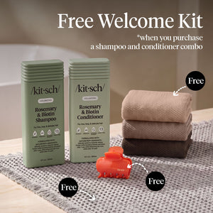 Kitsch Rosemary & Biotin Volumizing Shampoo and Conditioner Summer Welcome Kit with free African Net Sponge and Quick-Dry Bath Mat
