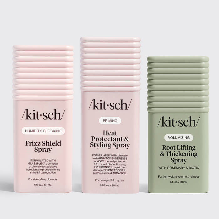 KITSCH Volume Control Bundle — product flat lay — Root Lifting Spray, Humidity-Blocking Frizz Shield Spray, and Heat Protectant Styling Mist — three-product volumizing hair system