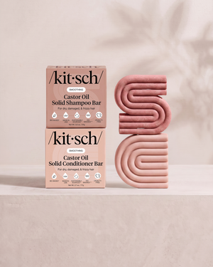 Kitsch Nourishing Castor Oil Solid Shampoo and Conditioner Bars shown side by side with retail packaging – for dry, damaged and frizzy hair
