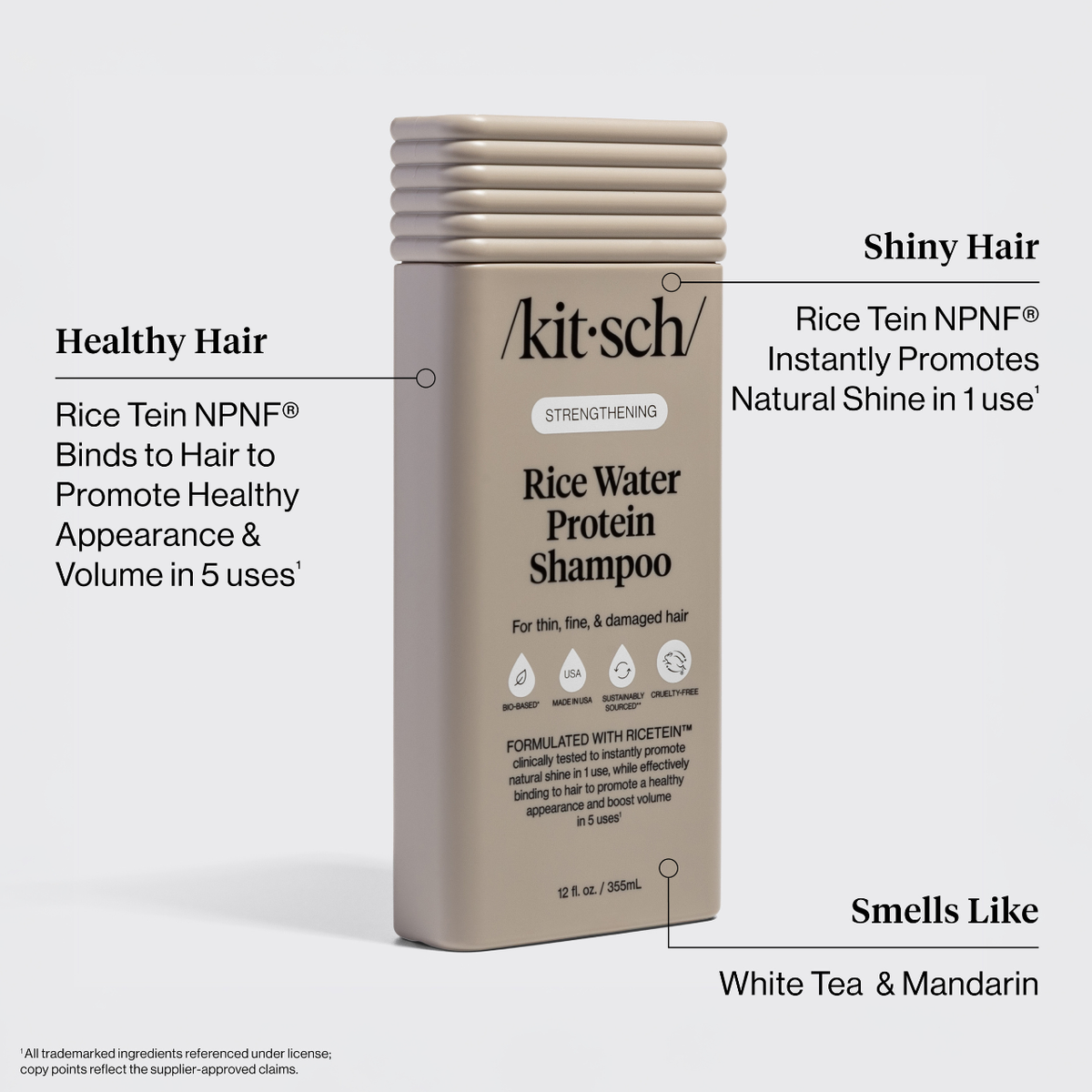 Kitsch Rice Water Protein Shampoo bottle with text highlighting benefits on a white background